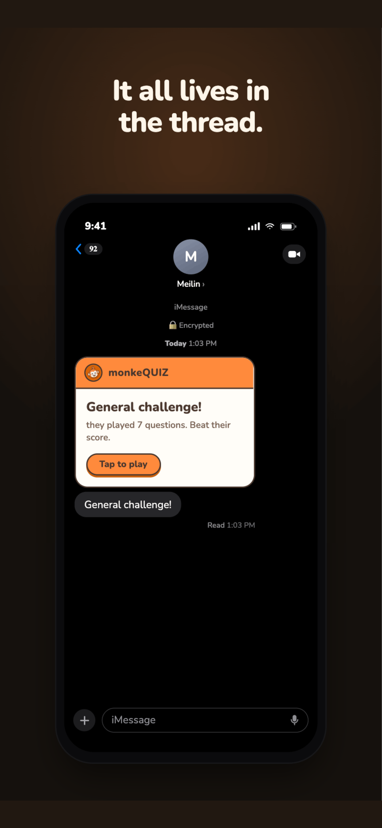 A monkeQUIZ challenge inside an iMessage thread